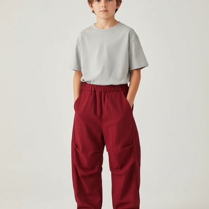 Pantalon Cargo Rouge Ample Coton Garçon - Bordeaux Gabardine