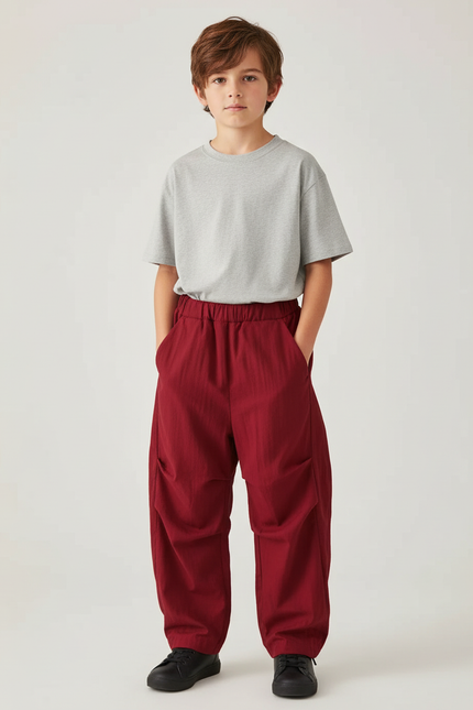 Pantalon Cargo Rouge Ample Coton Garçon - Bordeaux Gabardine