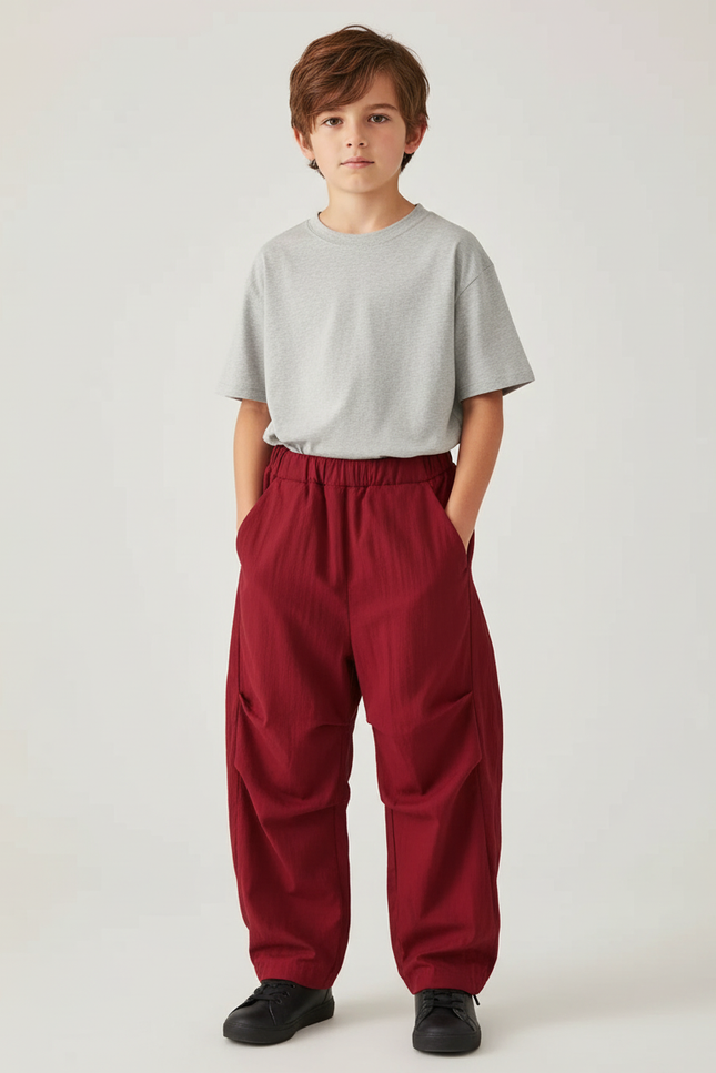 Pantalon Cargo Rouge Ample Coton Garçon - Bordeaux Gabardine