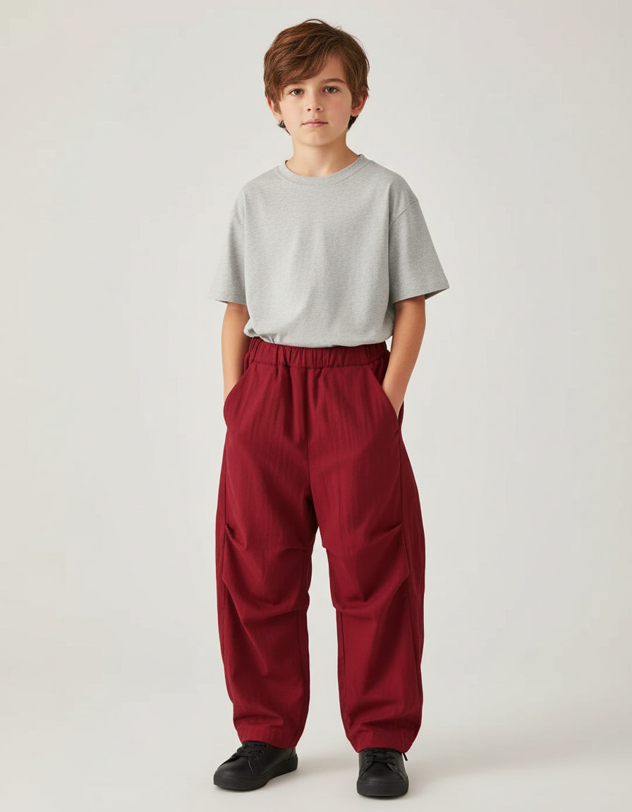 Pantalon Cargo Rouge Ample Coton Garçon - Bordeaux Gabardine