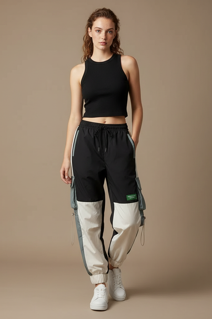 Pantalon Cargo Bicolore Ample Streetwear Femme - Multicolore Polyester