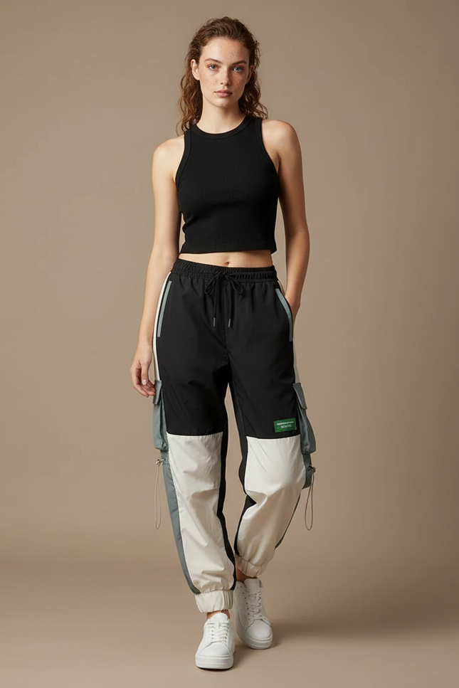 Pantalon Cargo Bicolore Ample Streetwear Femme - Multicolore Polyester
