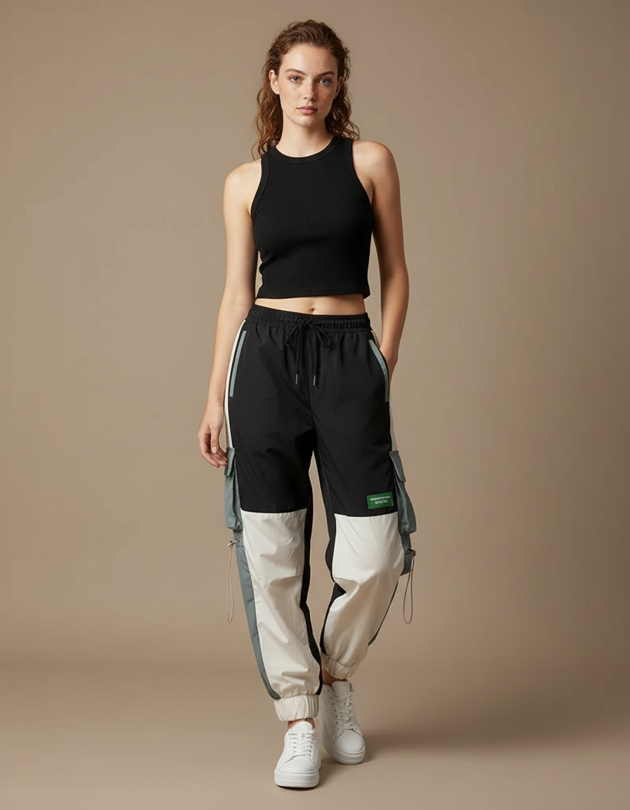 Pantalon Cargo Bicolore Ample Streetwear Femme - Multicolore Polyester