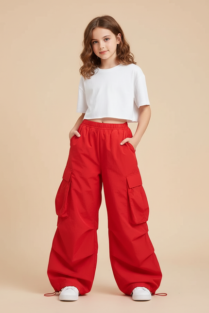 Pantalon Cargo Fille Rouge Parachute - Polyester