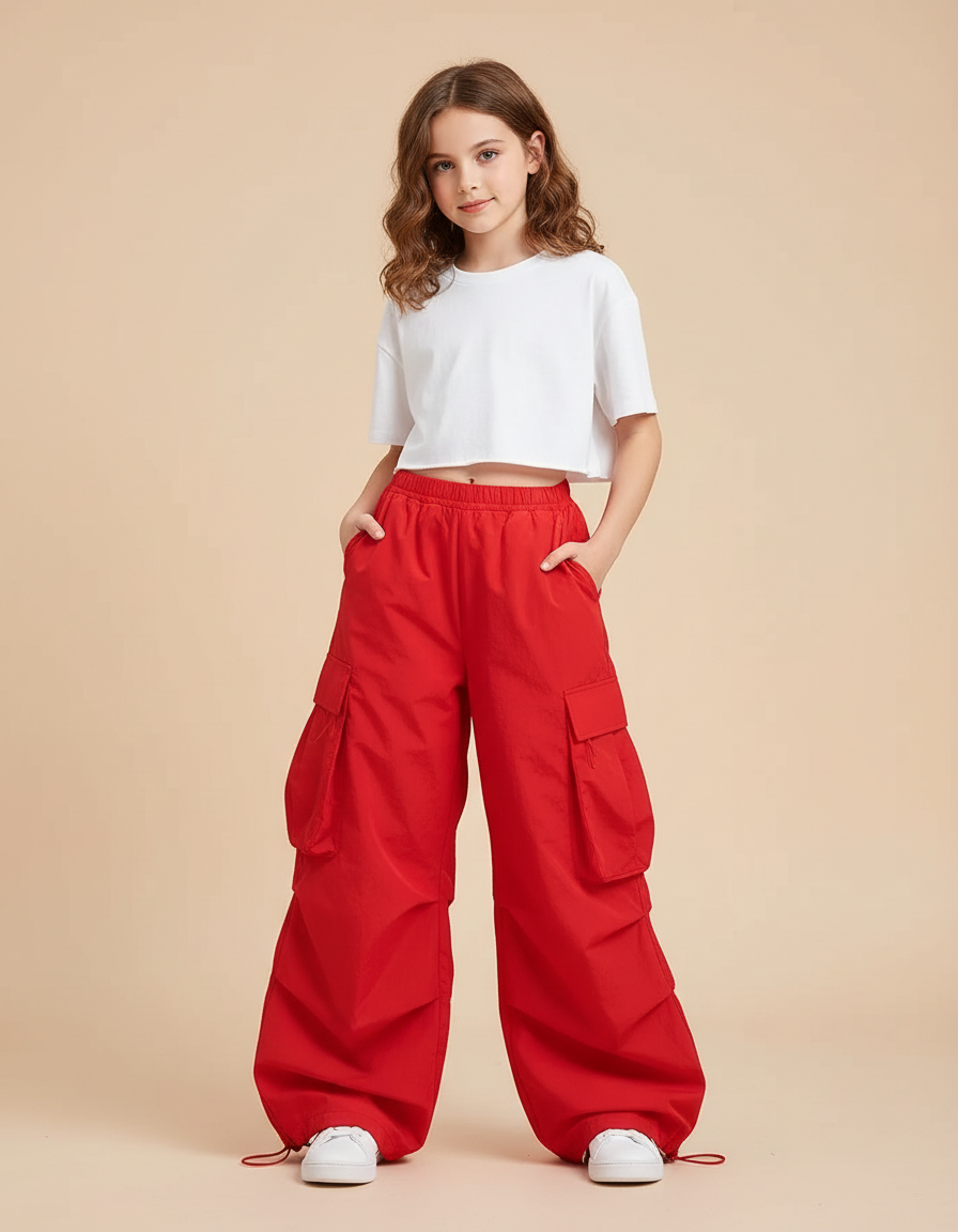 Pantalon Cargo Fille Rouge Parachute - Polyester