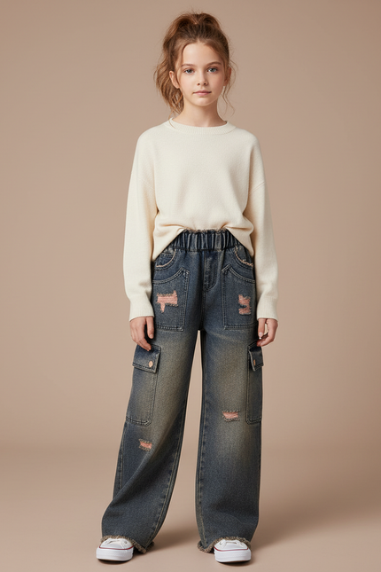 Pantalon Cargo Jeans Ample Délavé Fille Déchiré - Bleu