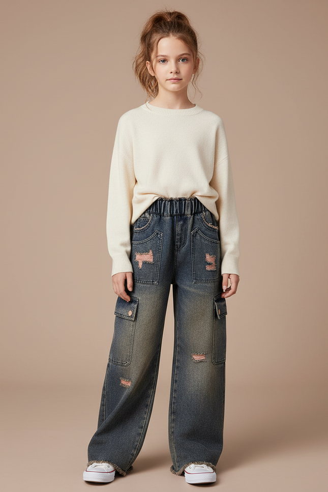 Pantalon Cargo Jeans Ample Délavé Fille Déchiré - Bleu