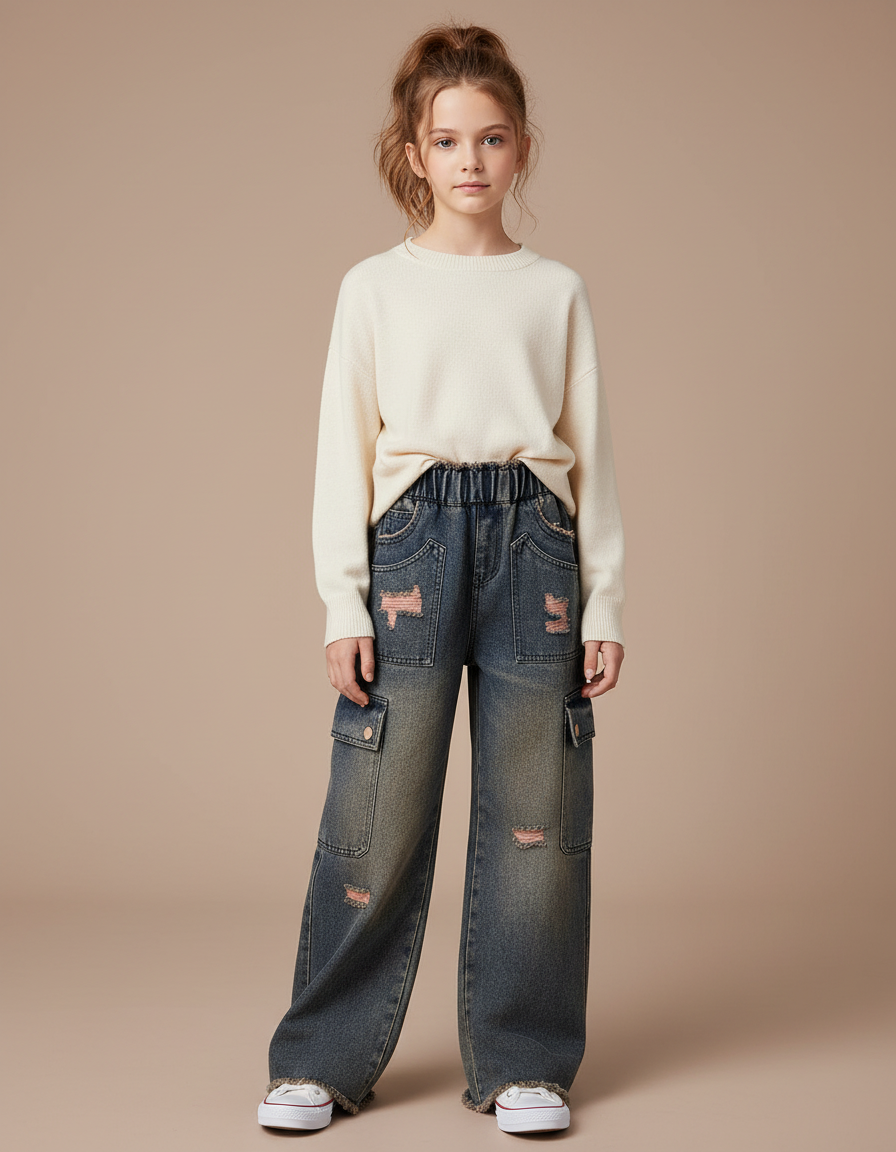 Pantalon Cargo Jeans Ample Délavé Fille Déchiré - Bleu
