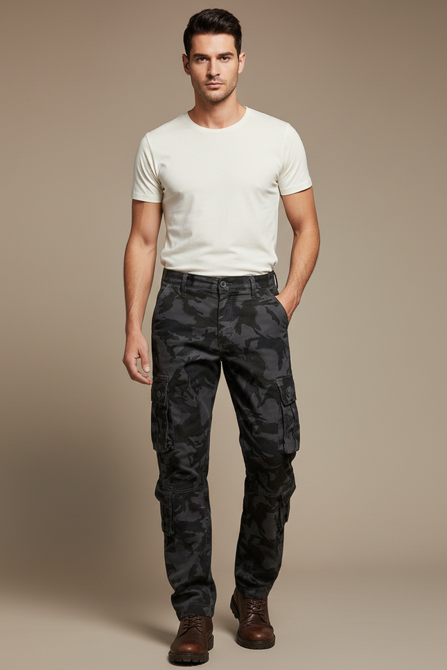 Pantalon Cargo Homme Camouflage Gris Ample Multipoches - Toile