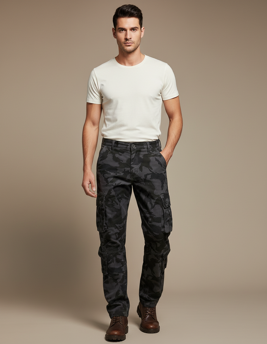 Pantalon Cargo Homme Camouflage Gris Ample Multipoches - Toile