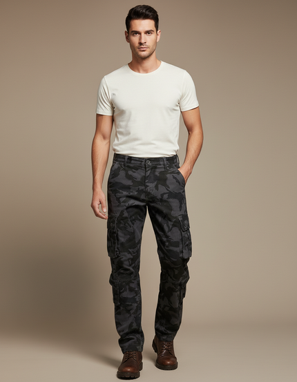 Pantalon Cargo Homme Camouflage Gris Ample Multipoches - Toile