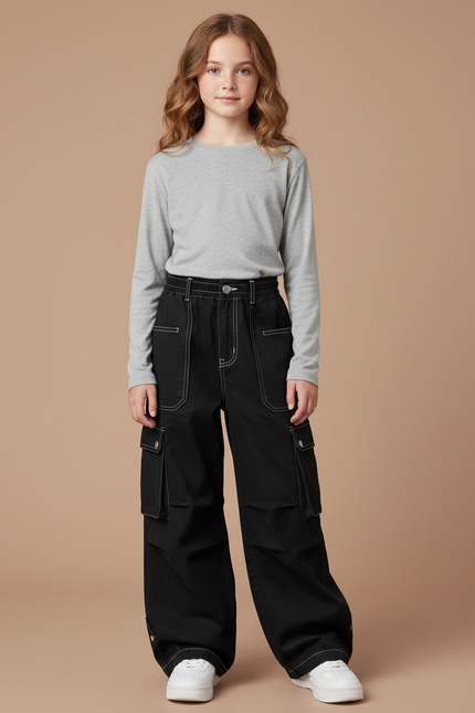 Pantalon Cargo Noir Ample Coton Multipoches Fille