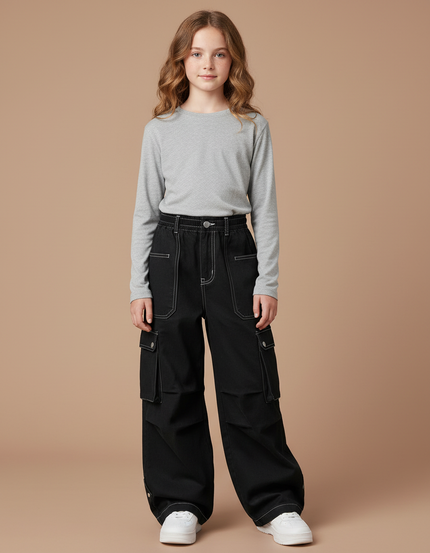 Pantalon Cargo Noir Ample Coton Multipoches Fille