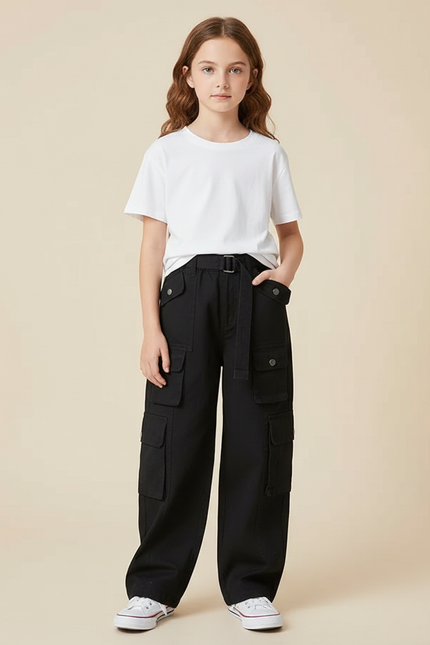 Pantalon Cargo Noir Ample Fille Poches - Toile