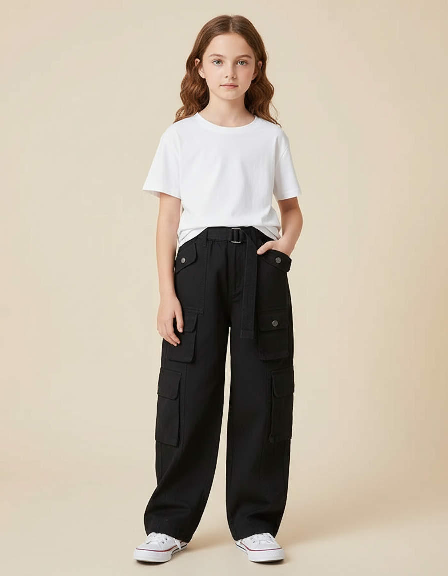 Pantalon Cargo Noir Ample Fille Poches - Toile