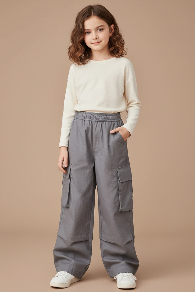 Pantalon Cargo Gris Ample Décontracté Multipoches Fille - Toile