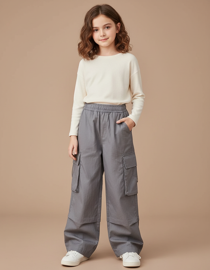 Pantalon Cargo Gris Ample Décontracté Multipoches Fille - Toile