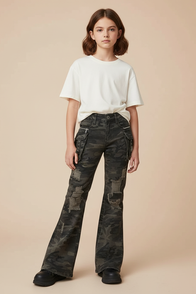 Pantalon Cargo Camouflage Évasé Délavé Enfant - Imprimé Jean