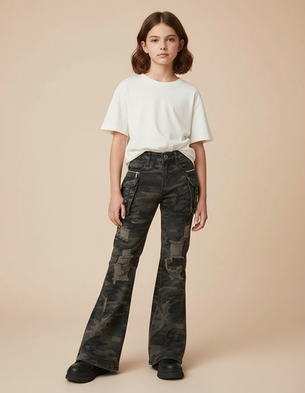 Pantalon Cargo Camouflage Évasé Délavé Enfant - Imprimé Jean