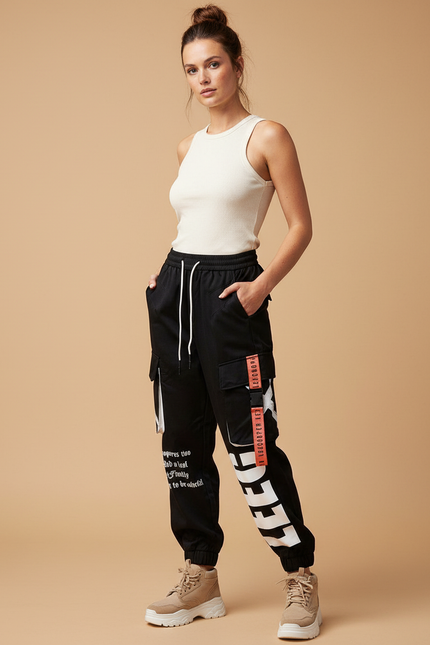 Pantalon Cargo Noir Ample Imprimé Streetwear Femme - Polyester