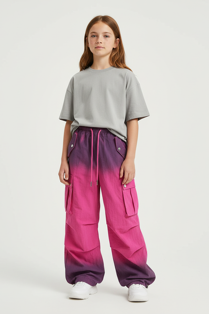 Pantalon Cargo Fille Dégradé Ample Poches Rose - Polyester