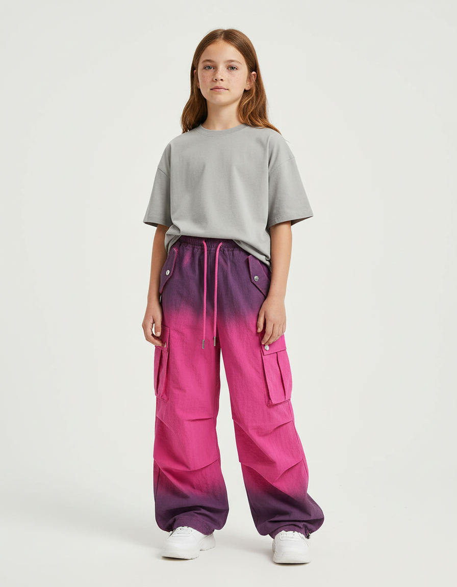 Pantalon Cargo Fille Dégradé Ample Poches Rose - Polyester