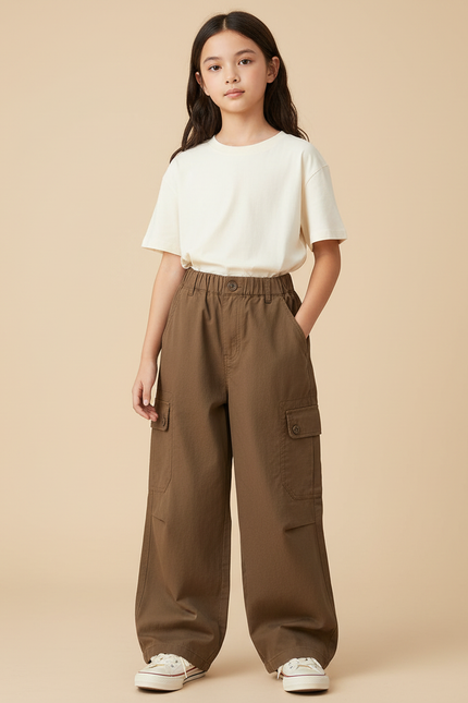 Pantalon Cargo Marron Ample Coton Multipoches Fille - Toile