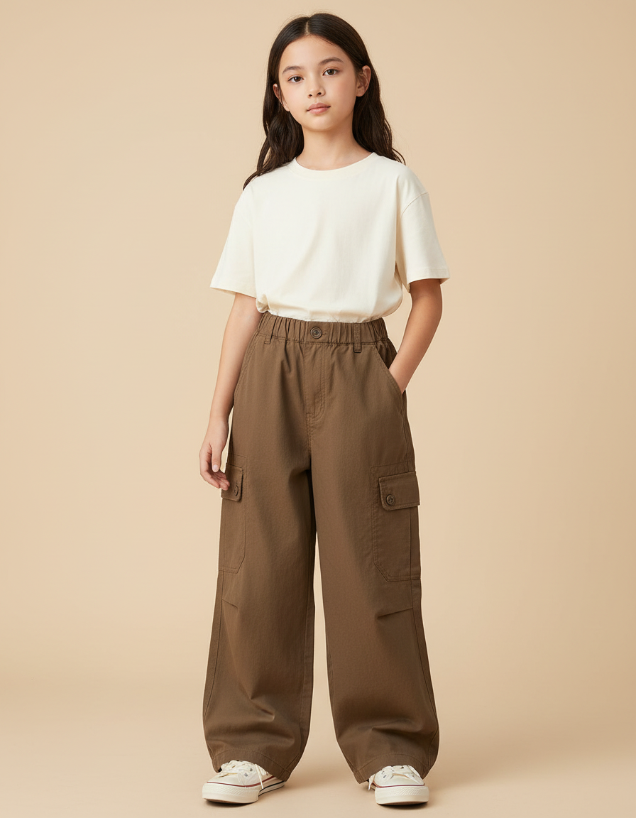 Pantalon Cargo Marron Ample Coton Multipoches Fille - Toile