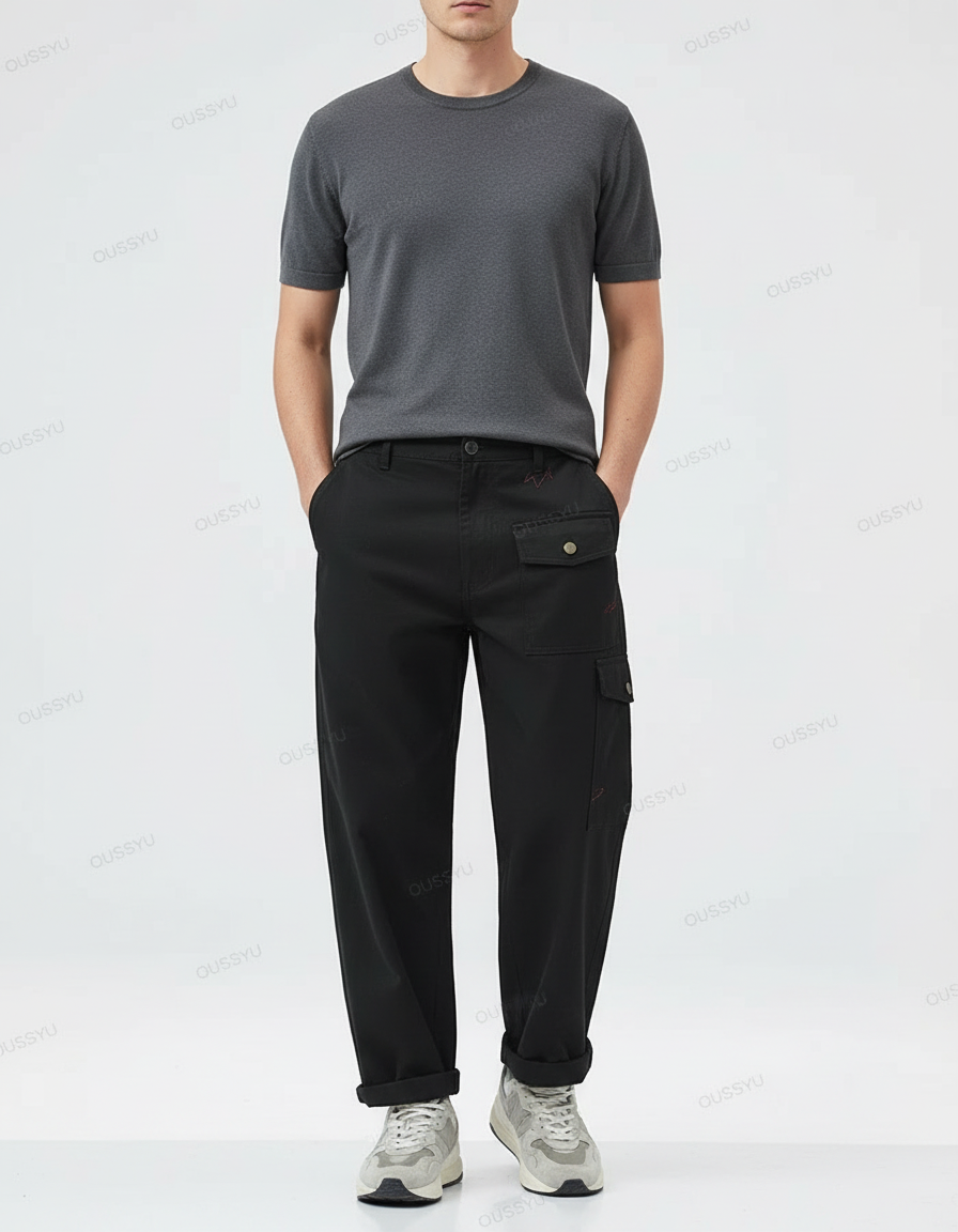 Pantalon Cargo Noir Ample Coton Homme Décontracté - Toile