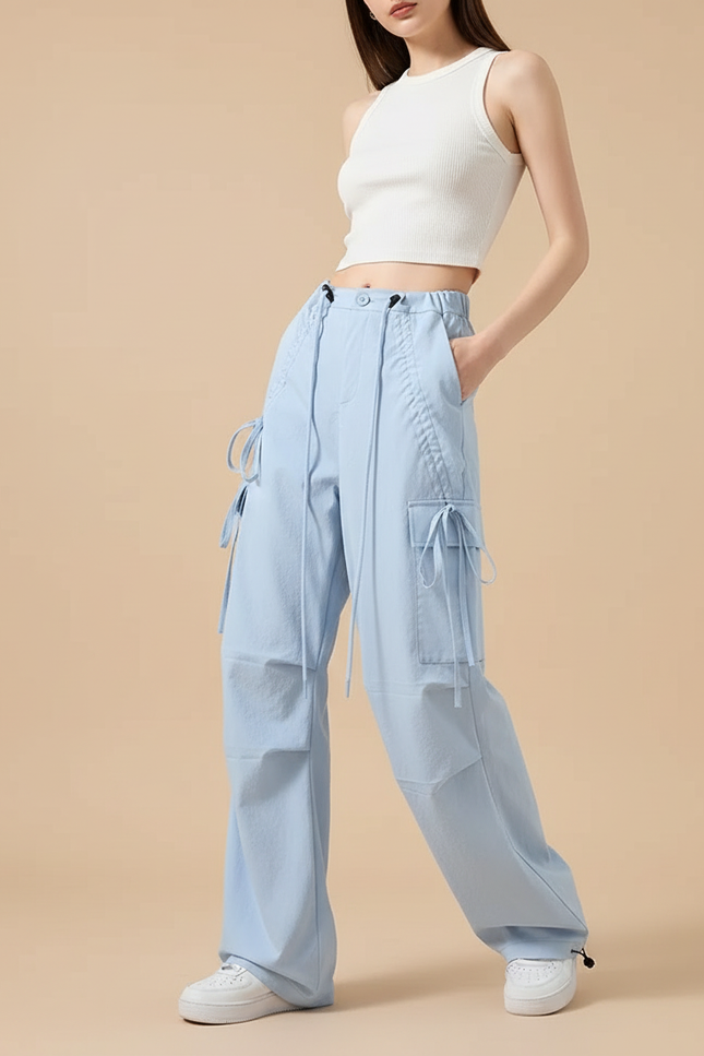 Pantalon Cargo Bleu Clair Ample Taille Haute - Coton