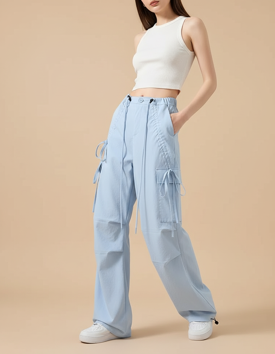 Pantalon Cargo Bleu Clair Ample Taille Haute - Coton