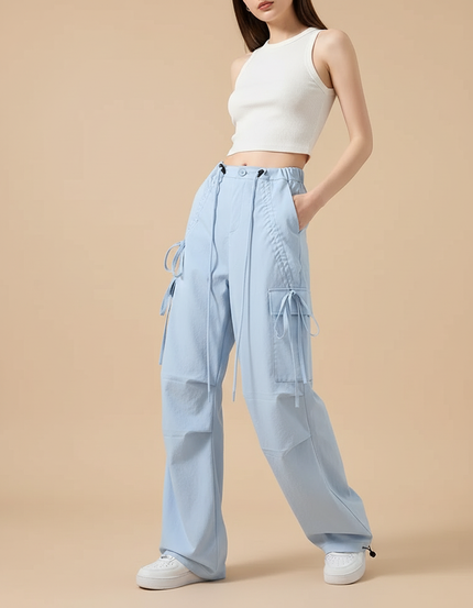 Pantalon Cargo Bleu Clair Ample Taille Haute - Coton