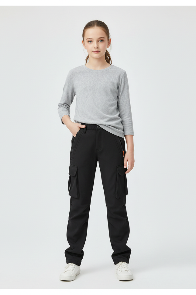 Pantalon Cargo Noir Ample Doublé Enfant - Polyester