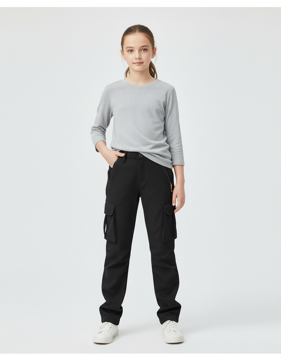 Pantalon Cargo Noir Ample Doublé Enfant - Polyester