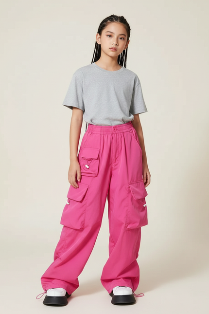 Pantalon Cargo Rose Ample Streetwear Multipoches Fille - Polyester