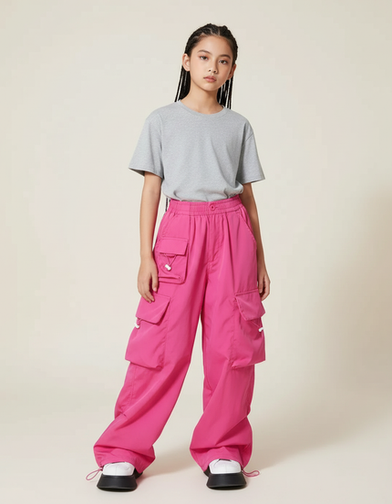 Pantalon Cargo Rose Ample Streetwear Multipoches Fille - Polyester