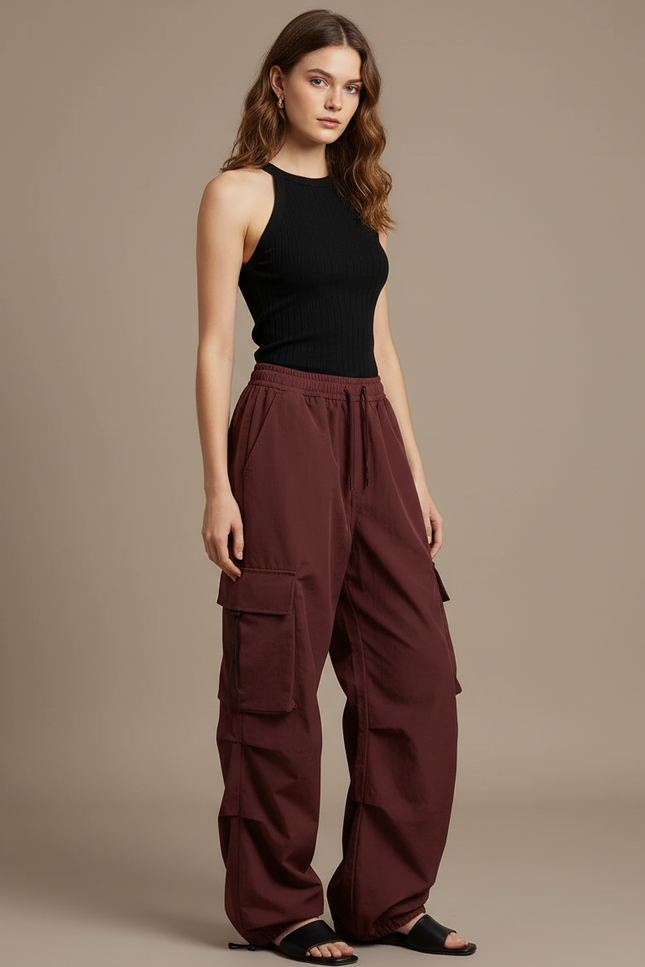 Pantalon Cargo Bordeaux Ample Femme Décontracté - Polyester