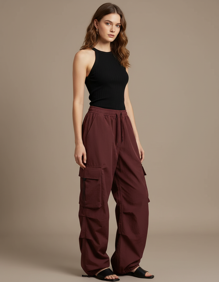 Pantalon Cargo Bordeaux Ample Femme Décontracté - Polyester