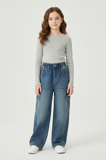 Pantalon Cargo Denim Bleu Ample Taille Haute Fille - Jean