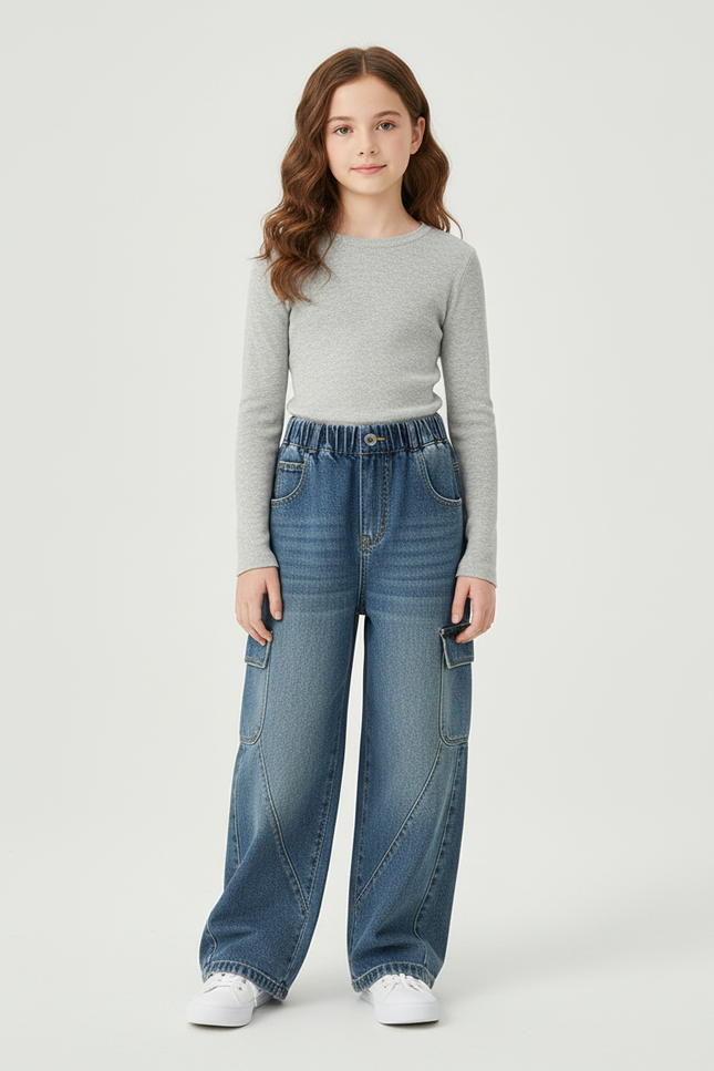 Pantalon Cargo Denim Bleu Ample Taille Haute Fille - Jean