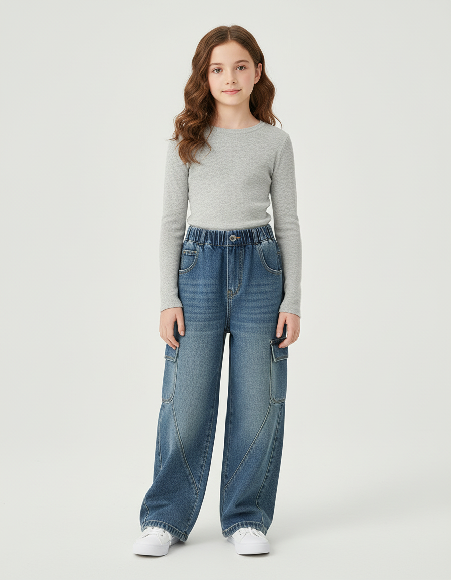 Pantalon Cargo Denim Bleu Ample Taille Haute Fille - Jean