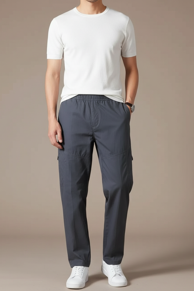 Pantalon Cargo Gris Coton Décontracté Ample Élastique - Polyester