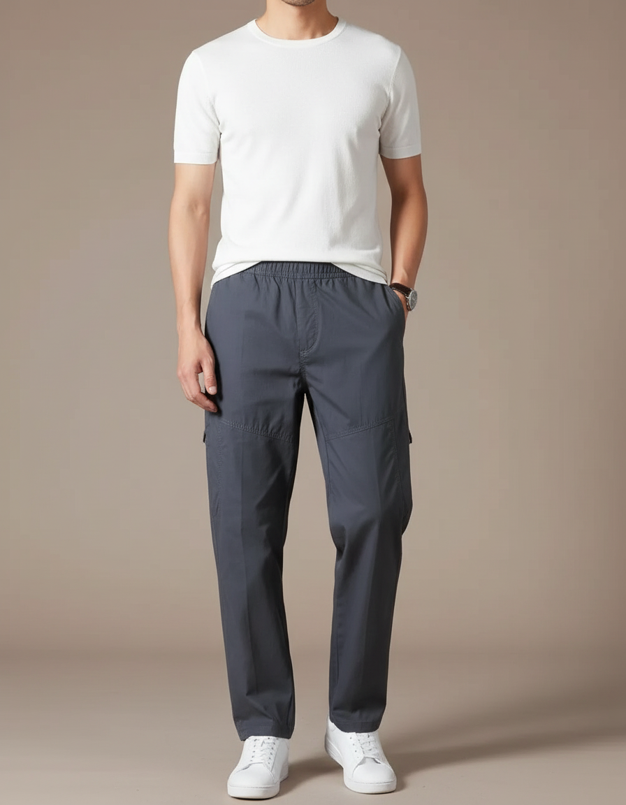 Pantalon Cargo Gris Coton Décontracté Ample Élastique - Polyester