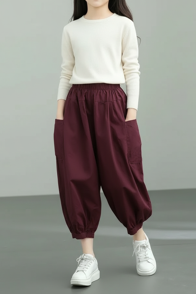 Pantalon Cargo Ample Bordeaux Coton Lin Décontracté Femme