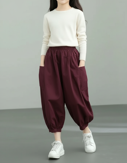 Pantalon Cargo Ample Bordeaux Coton Lin Décontracté Femme