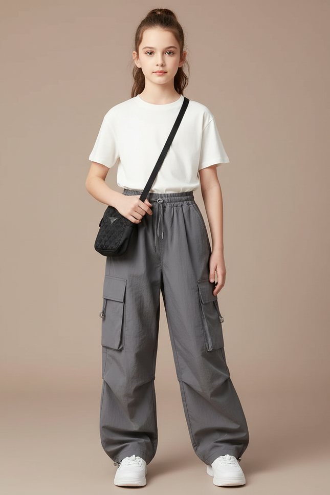 Pantalon Cargo Gris Ample Tendance Multipoches Fille - Polyester