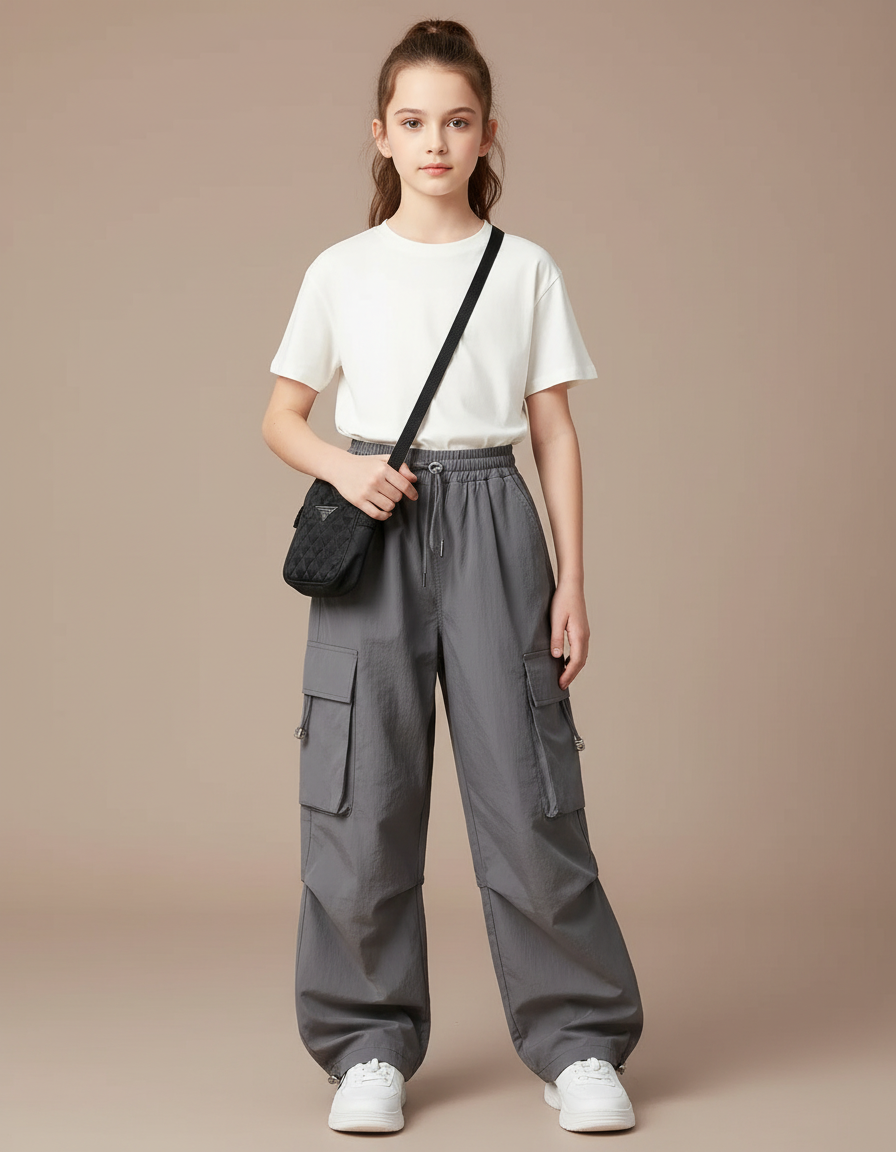 Pantalon Cargo Gris Ample Tendance Multipoches Fille - Polyester