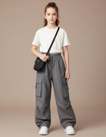 Pantalon Cargo Gris Ample Tendance Multipoches Fille - Polyester