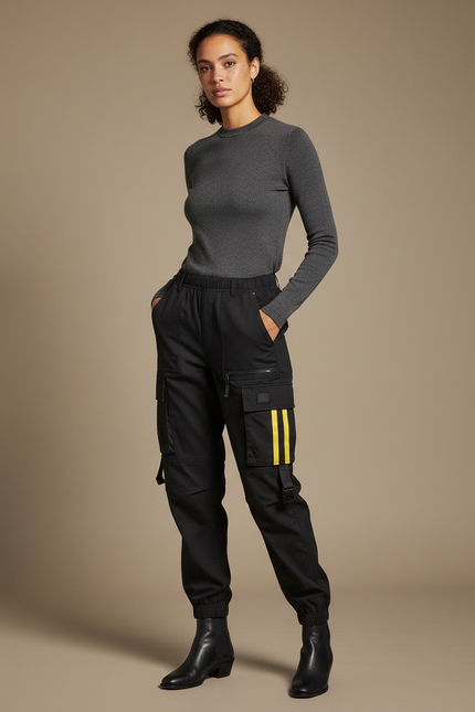 Pantalon Cargo Noir Décontracté Bandes Jaunes Femme - Toile