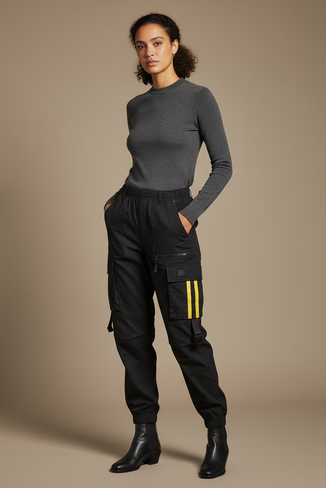 Pantalon Cargo Noir Décontracté Bandes Jaunes Femme - Toile